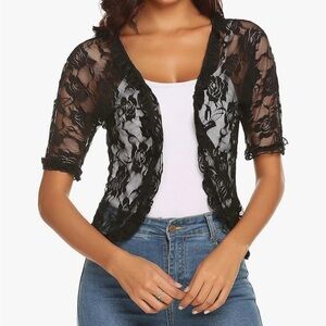 Lace Cardigan Bolero Shrug M Black Semi-Sheer Floral Short Sleeves Ruffled Trim
